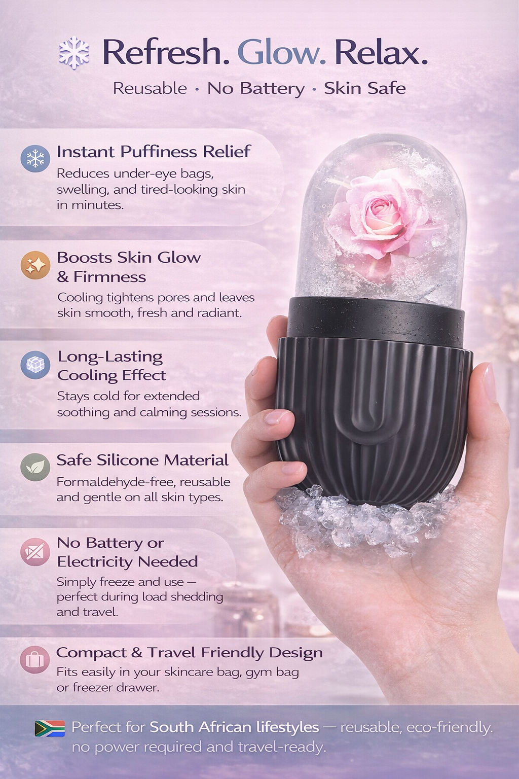 Facial & Eye Ice Roller – Reusable Silicone Skin Brightening Tool for Puffiness, Glow & Relaxation | No Battery Required