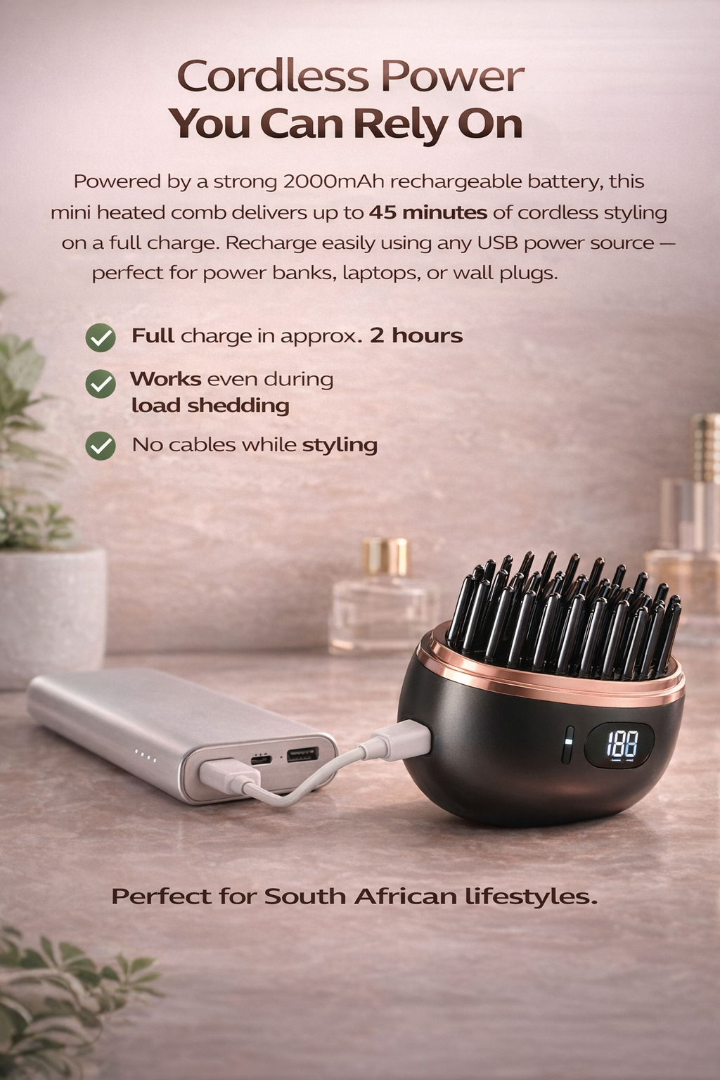 Compact Cordless Hair Straightening Comb – Pocket-Size USB Rechargeable Styling Brush
