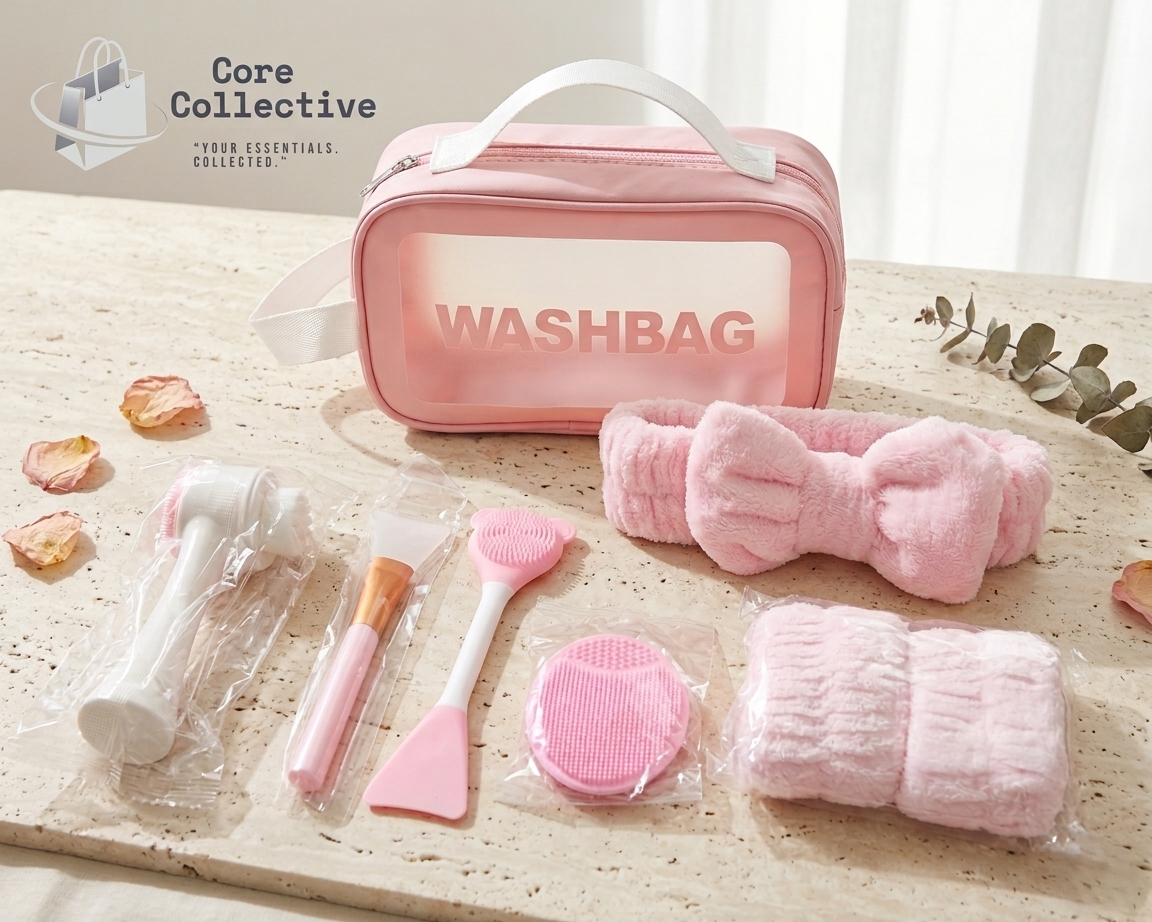 CCollective™ - 8-Piece Beauty Spa & Facial Cleansing Gift Set – Makeup Bag, Exfoliating Brushes, Spa Headband & Travel Skincare Kit