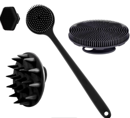 CCollective™ - 4pcs Body & Face Brush Set – Long Handle Back Scrubber + Bath Brush + Shampoo Brush + Face Brush