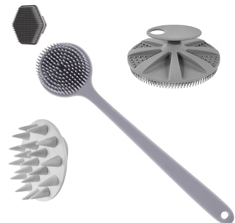 CCollective™ - 4pcs Body & Face Brush Set – Long Handle Back Scrubber + Bath Brush + Shampoo Brush + Face Brush