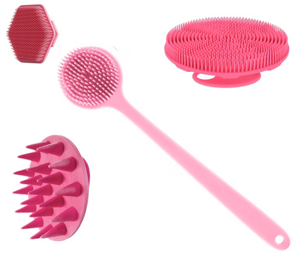 CCollective™ - 4pcs Body & Face Brush Set – Long Handle Back Scrubber + Bath Brush + Shampoo Brush + Face Brush