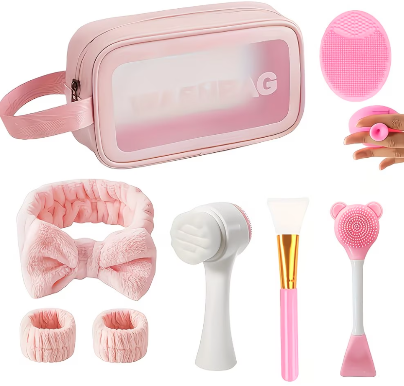 CCollective™ - 8-Piece Beauty Spa & Facial Cleansing Gift Set – Makeup Bag, Exfoliating Brushes, Spa Headband & Travel Skincare Kit