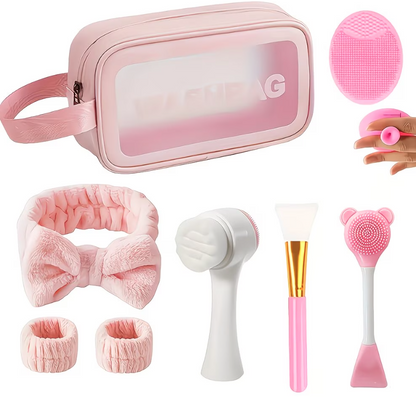 CCollective™ - 8-Piece Beauty Spa & Facial Cleansing Gift Set – Makeup Bag, Exfoliating Brushes, Spa Headband & Travel Skincare Kit
