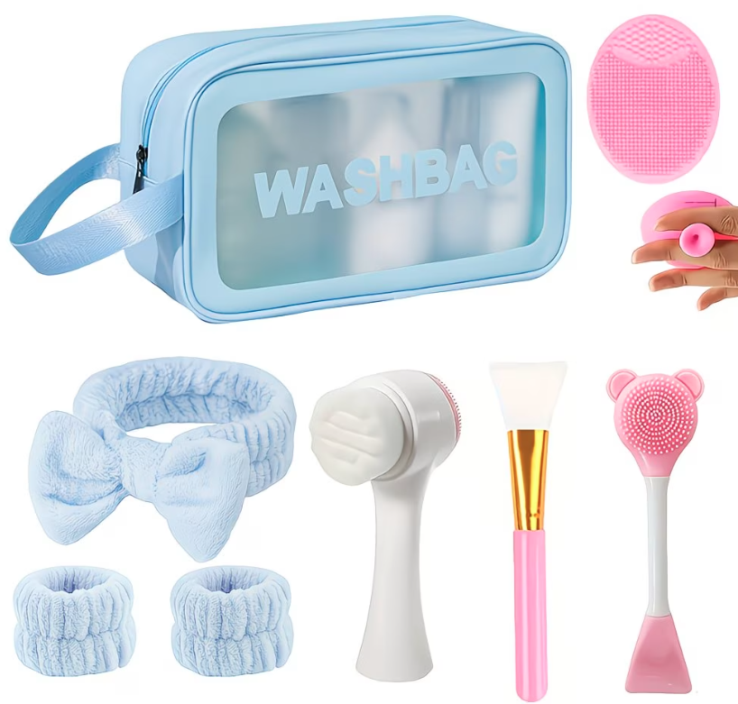 CCollective™ - 8-Piece Beauty Spa & Facial Cleansing Gift Set – Makeup Bag, Exfoliating Brushes, Spa Headband & Travel Skincare Kit