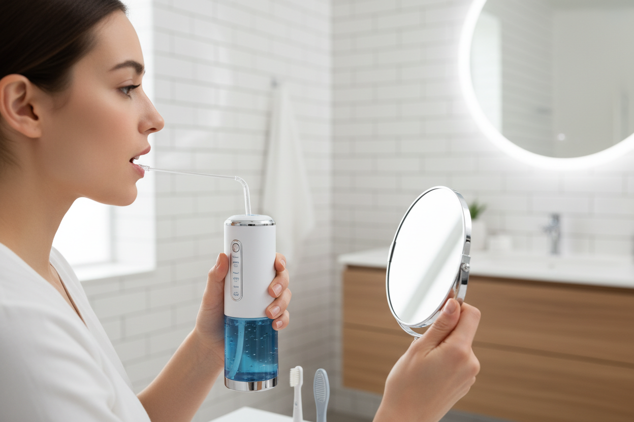 Portable 4 in 1 water flosser being used by a person
